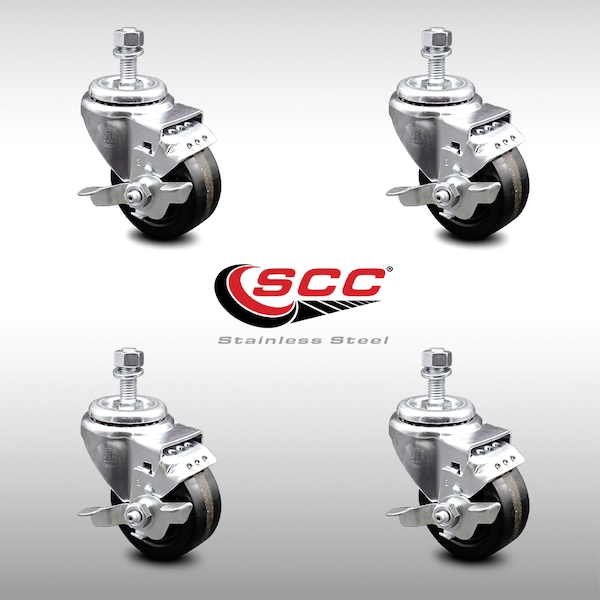 Service Caster 3 Inch SS Phenolic Wheel Swivel 12mm Threaded Stem Caster Set Brake SCC SCC-SSTS20S314-PHS-TLB-M1215-4 - main